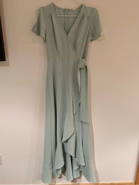 Altar’d State Sage Green Wrap Maxi Midi Dress XS Ruffle Hem Flutter Sleeve